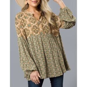 Easel Boho Babydoll Top Tan Green Floral Mixed Print Sz S EUC Earth Tones